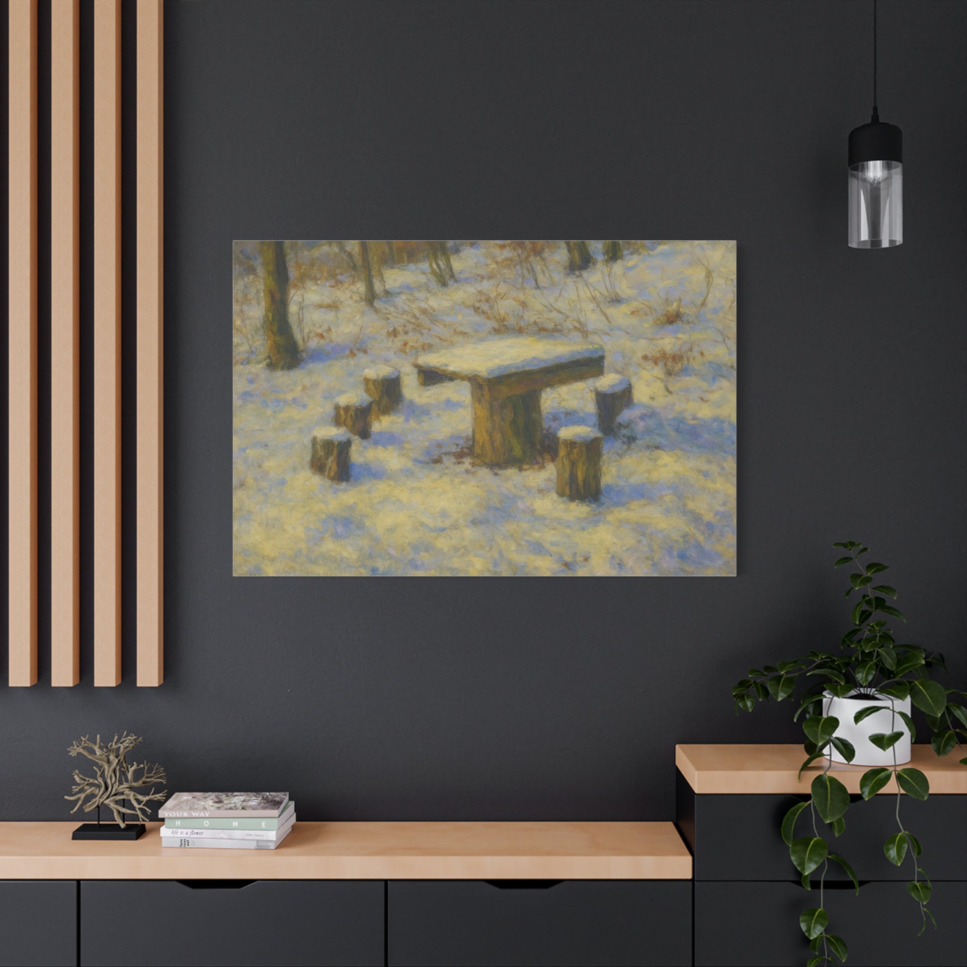 Snowy forest winter landscape canvas wall art, matte stretched print depicting a tranquil snowy woodland scene.