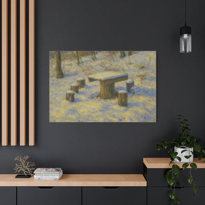 Snowy forest winter landscape canvas wall art, matte stretched print depicting a tranquil snowy woodland scene.