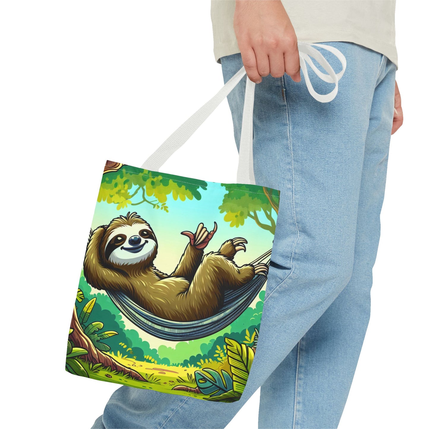 Printify sloth tote bag, eco-friendly canvas bag featuring a cute sloth design, perfect for animal lovers and everyday use.
