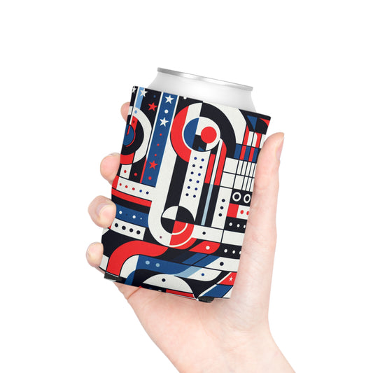 Modern abstract American flag can cooler accessory with vibrant, artistic design featuring red, white, and blue colors.