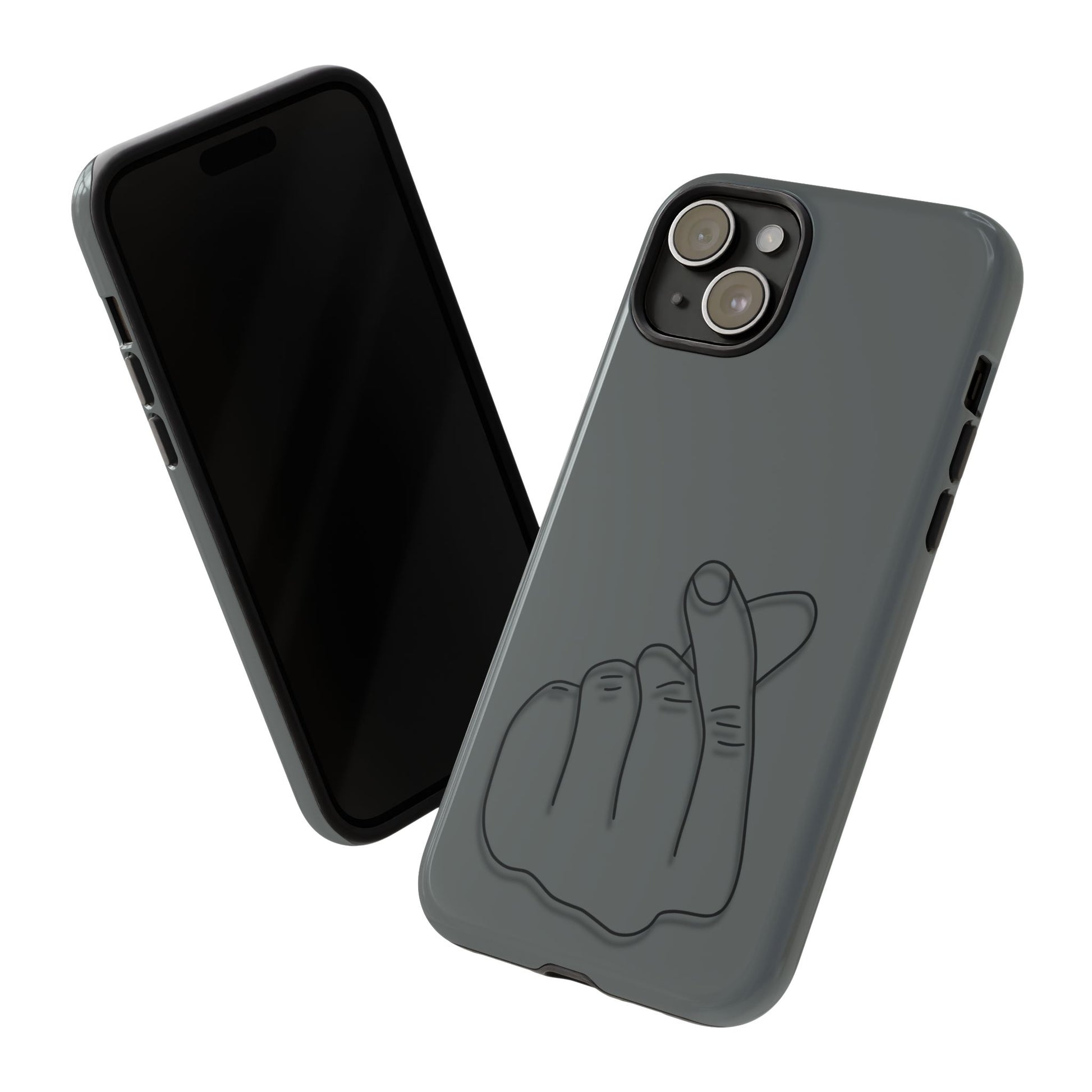 Silicone phone case with embossed Korean finger heart design, compatible with smartphones, by Printify.