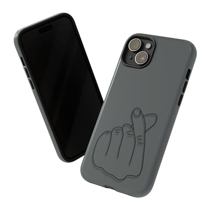 Silicone phone case with embossed Korean finger heart design, compatible with smartphones, by Printify.