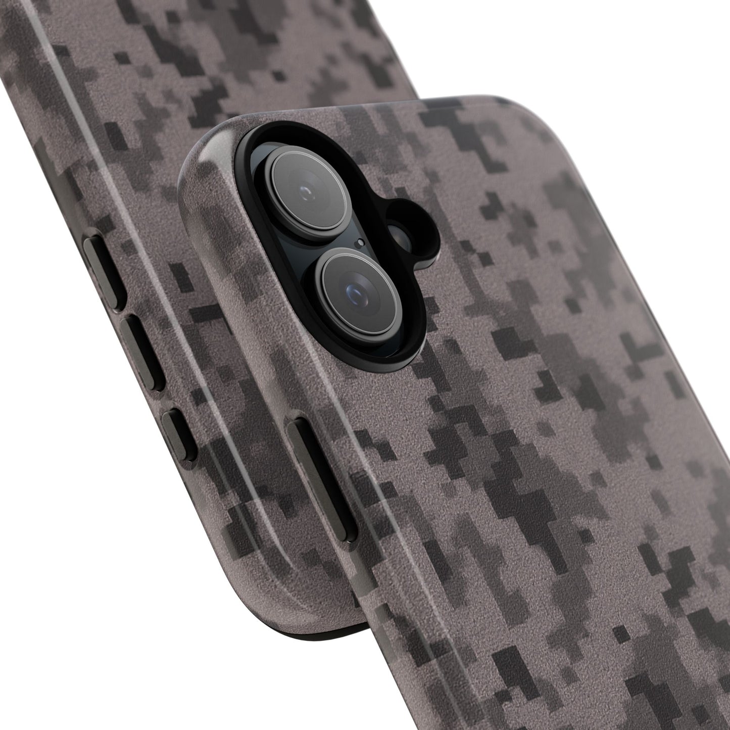 Gray digital camouflage phone case by Printify, tough protective cover for smartphones with a modern camo design.