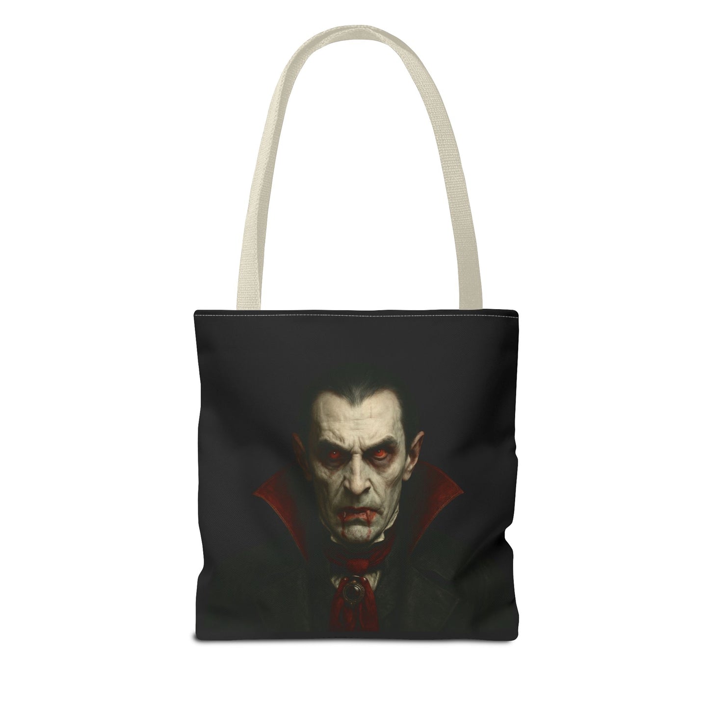 Gothic vampire tote bag with spooky Halloween design, printed by Printify, featuring a dark, spooky vampire graphic on a durable bag.