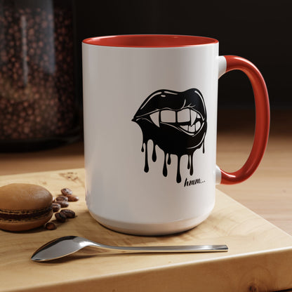 Black Dripping Lips accent coffee mug with bite graphic, available in 11oz and 15oz sizes, featuring bold, artistic design.