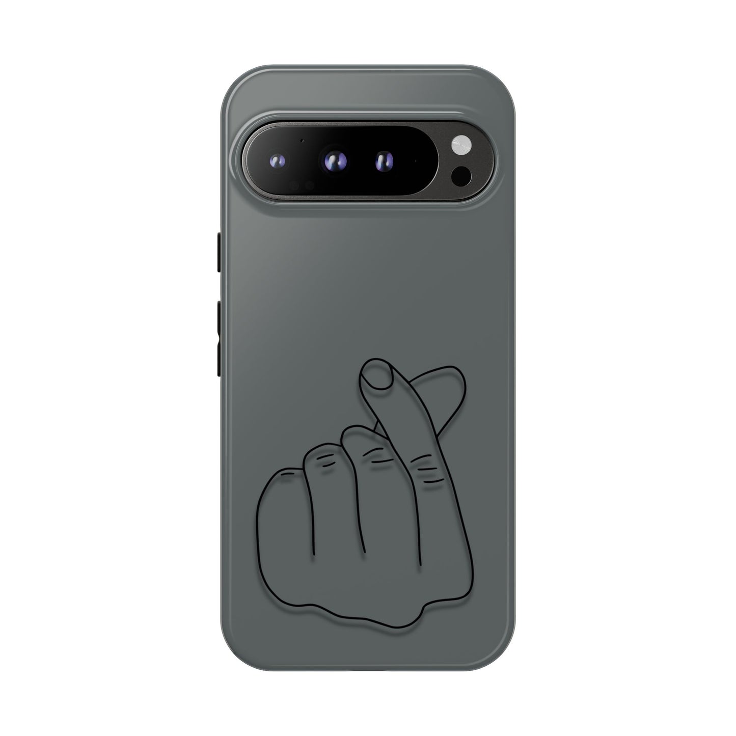 Silicone phone case with embossed Korean finger heart design, compatible with various smartphones, by Printify.