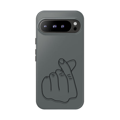 Silicone phone case with embossed Korean finger heart design, compatible with various smartphones, by Printify.