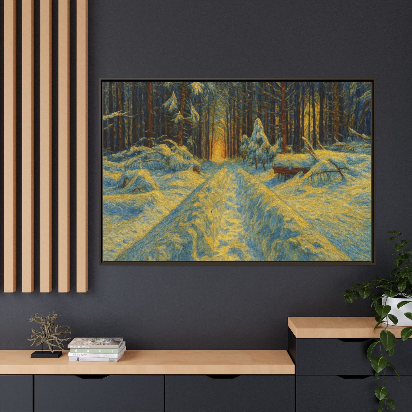 Framed matte canvas print of a snowy forest path at sunset, wall art by Printify showcasing serene winter landscape.