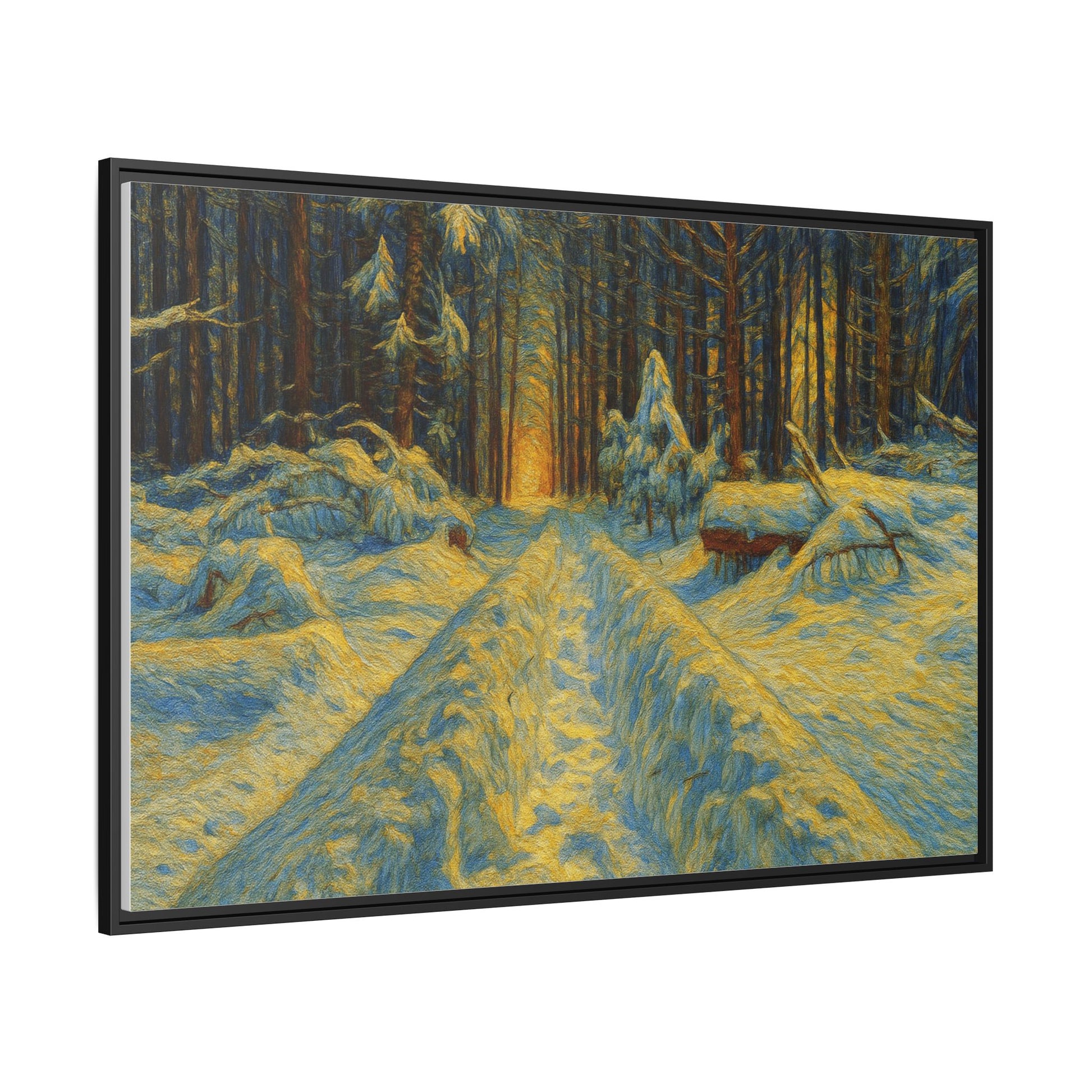 Framed matte canvas print of a snowy forest path at sunset, featuring vibrant colors and detailed woodland scenery.