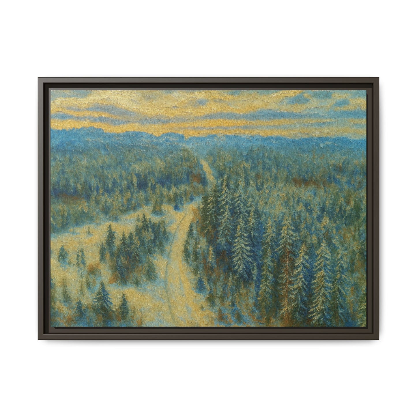 Framed matte canvas print of a serene winter forest landscape, showcasing snow-covered trees and peaceful woodland scenery.