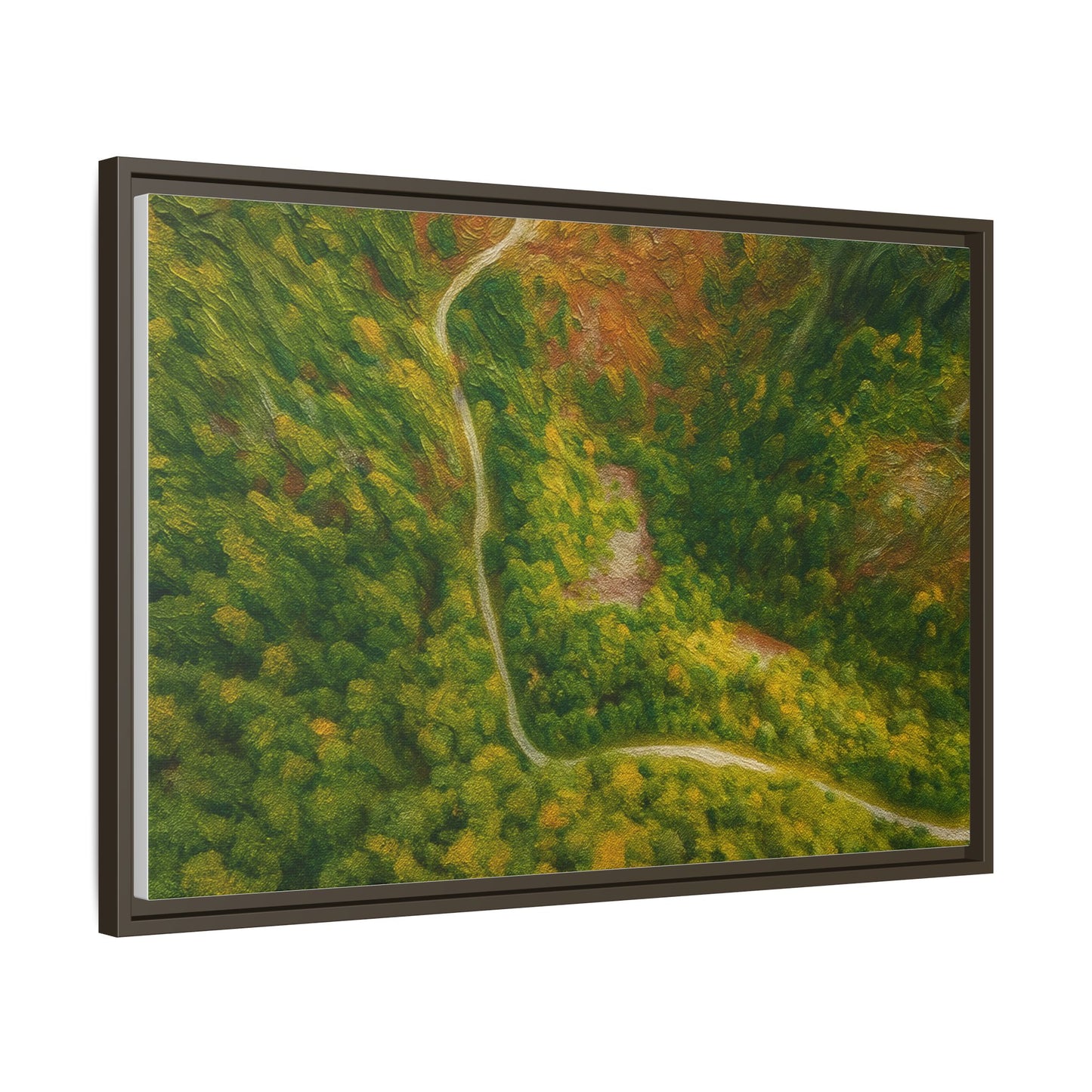 Multi-color framed matte canvas wall art featuring an aerial forest path landscape by Printify