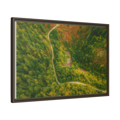 Multi-color framed matte canvas wall art featuring an aerial forest path landscape by Printify
