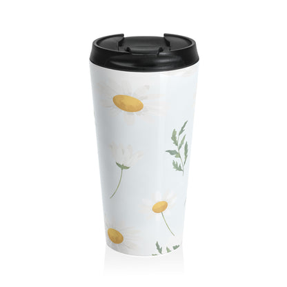 White daisy floral 15oz insulated stainless steel travel mug