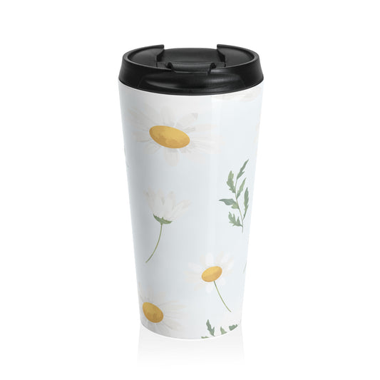 White daisy floral 15oz insulated stainless steel travel mug