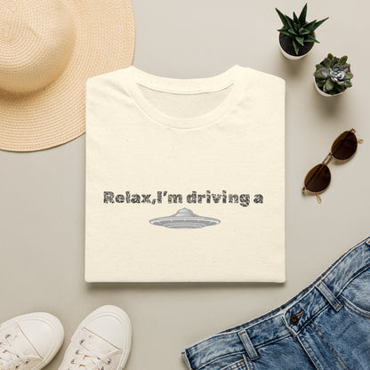 Black UFO T-Shirt with funny alien graphic print, featuring a sci-fi themed design on a casual unisex tee.