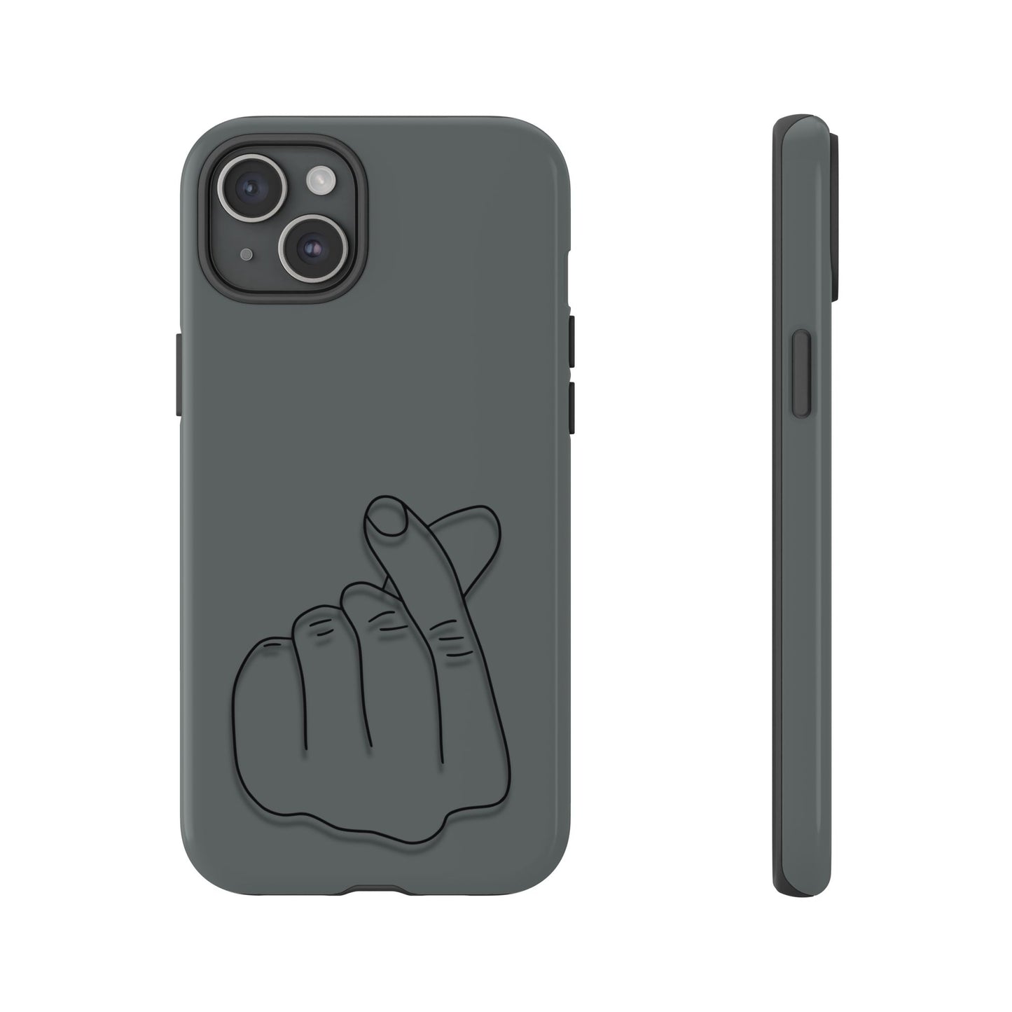 Silicone phone case with embossed Korean finger heart design, compatible with smartphones, by Printify.
