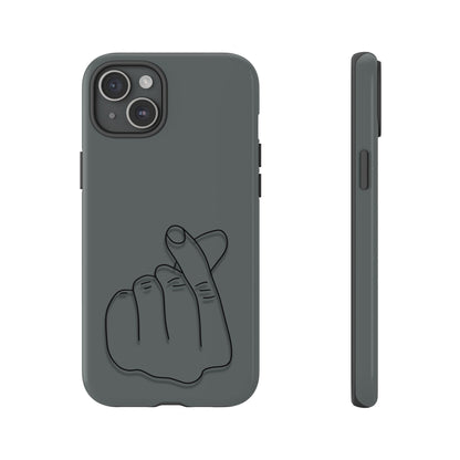 Silicone phone case with embossed Korean finger heart design, compatible with smartphones, by Printify.