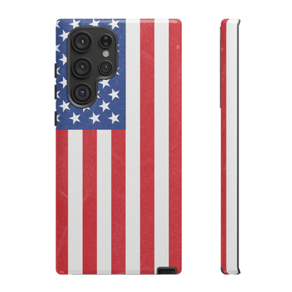 American flag tough phone case for iPhone and Samsung, patriotic protective cover with bold flag design by Printify