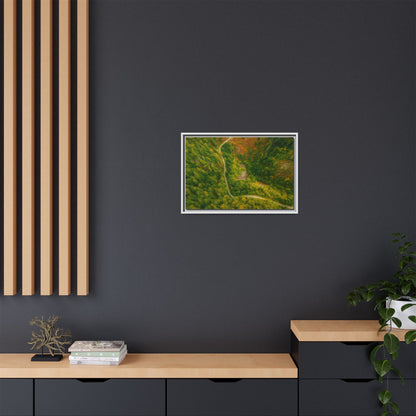 Framed matte canvas wall art featuring a colorful aerial forest path landscape, printed by Printify.