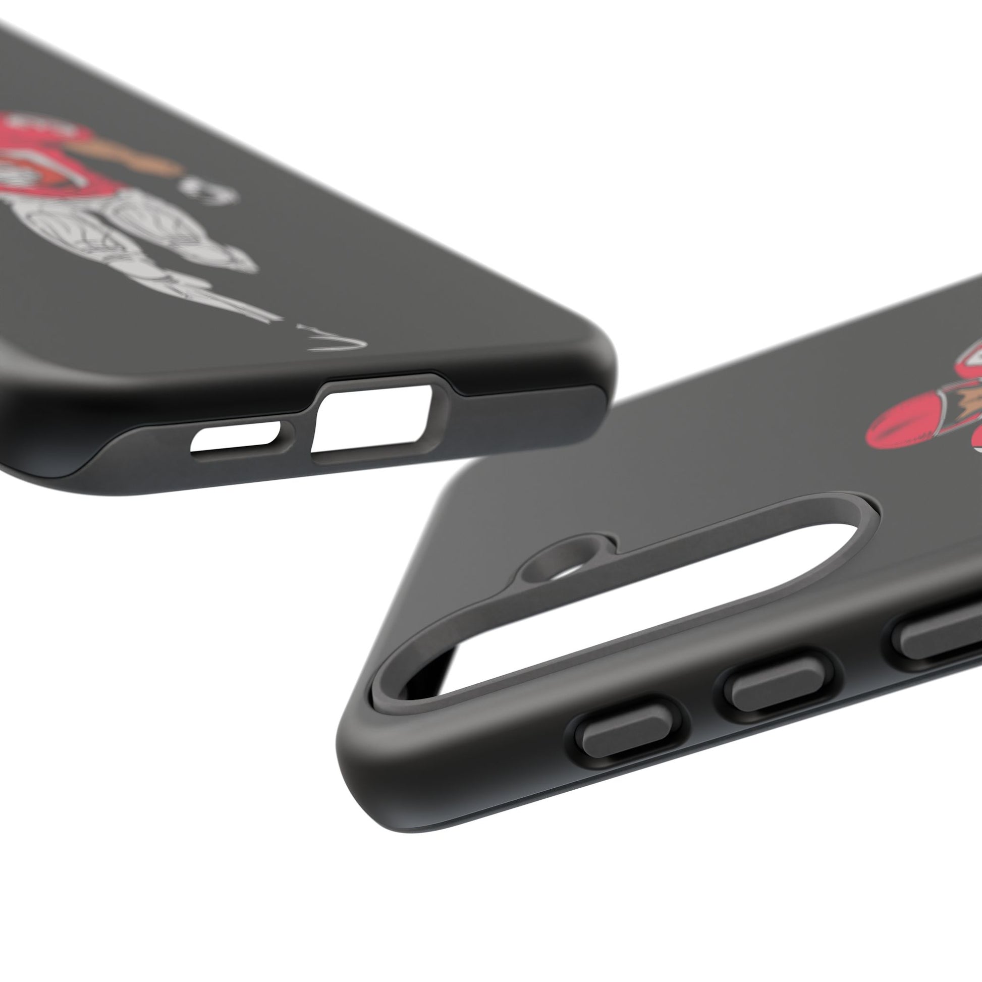 Black football player tough phone case for iPhone, protective sports design by Printify with a rugged look.
