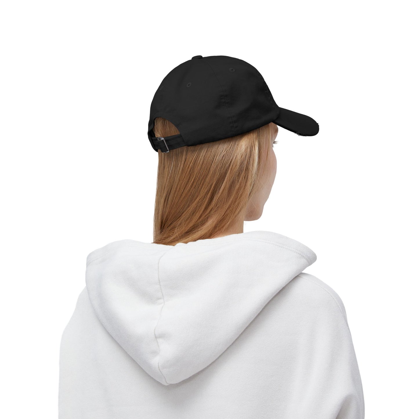 Distressed baseball cap with silhouette batter design, casual unisex hat by Printify, featuring a worn, vintage look.