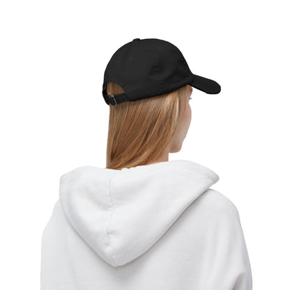 Distressed baseball cap with silhouette batter design, casual unisex hat by Printify, featuring a worn, vintage look.