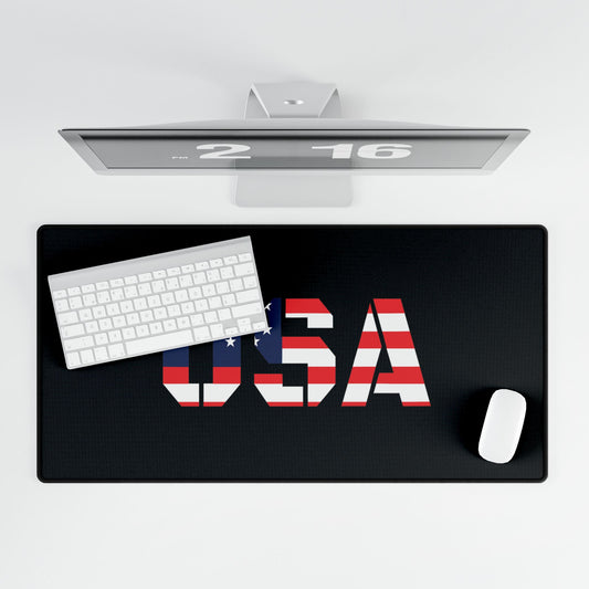 Patriotic USA desk mat by Printify featuring red, white, and blue stars and stripes for home office or gaming setup.