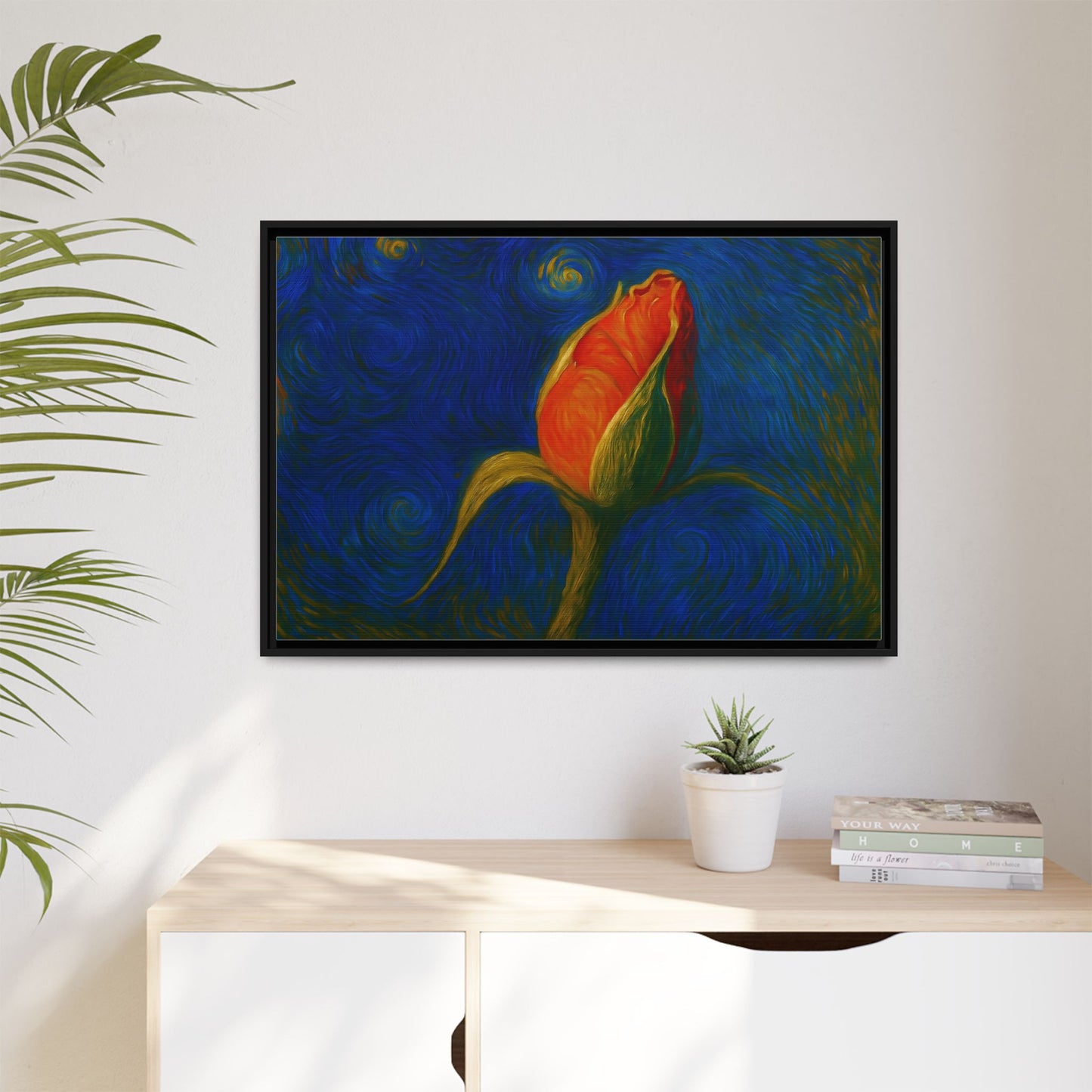 Red rose bud painting on framed canvas wall art by Printify, featuring vibrant red roses in a matte finish.