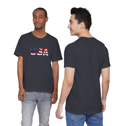 USA Flag Text T-Shirt by Printify featuring patriotic red, white, and blue design, perfect for Fourth of July celebrations.