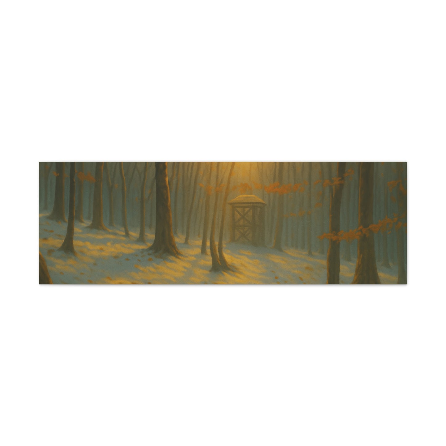 Matte stretched canvas featuring a Misty Forest Sunrise art print by Printify, showcasing a serene forest scene at dawn.