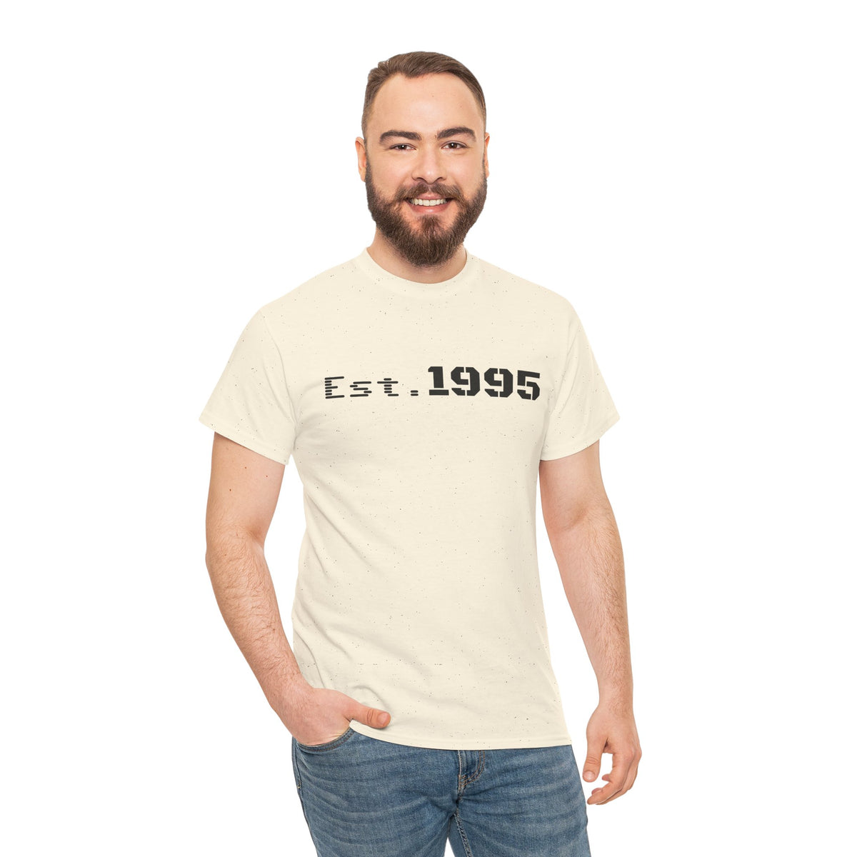 Vintage beige Est. 1995 T-shirt by Printify featuring minimalist birthday design and classic crew neck style.
