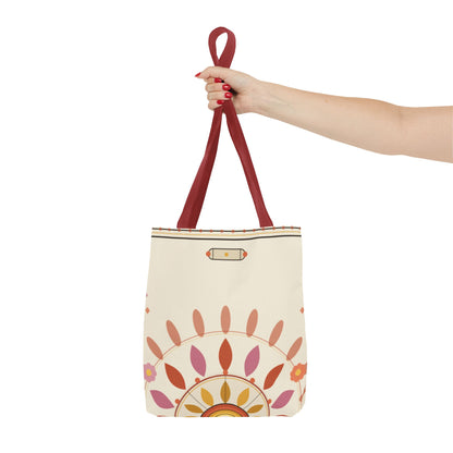 Boho floral mandala tote bag with pastel sunburst pattern, printed by Printify, featuring vibrant floral and geometric designs.