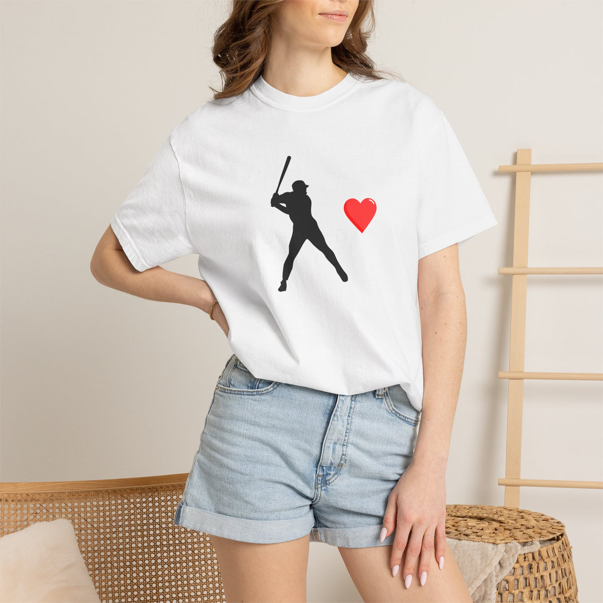 Printify baseball batter heart T-shirt showing a playful graphic of a batter with a heart motif on a casual T-shirt.