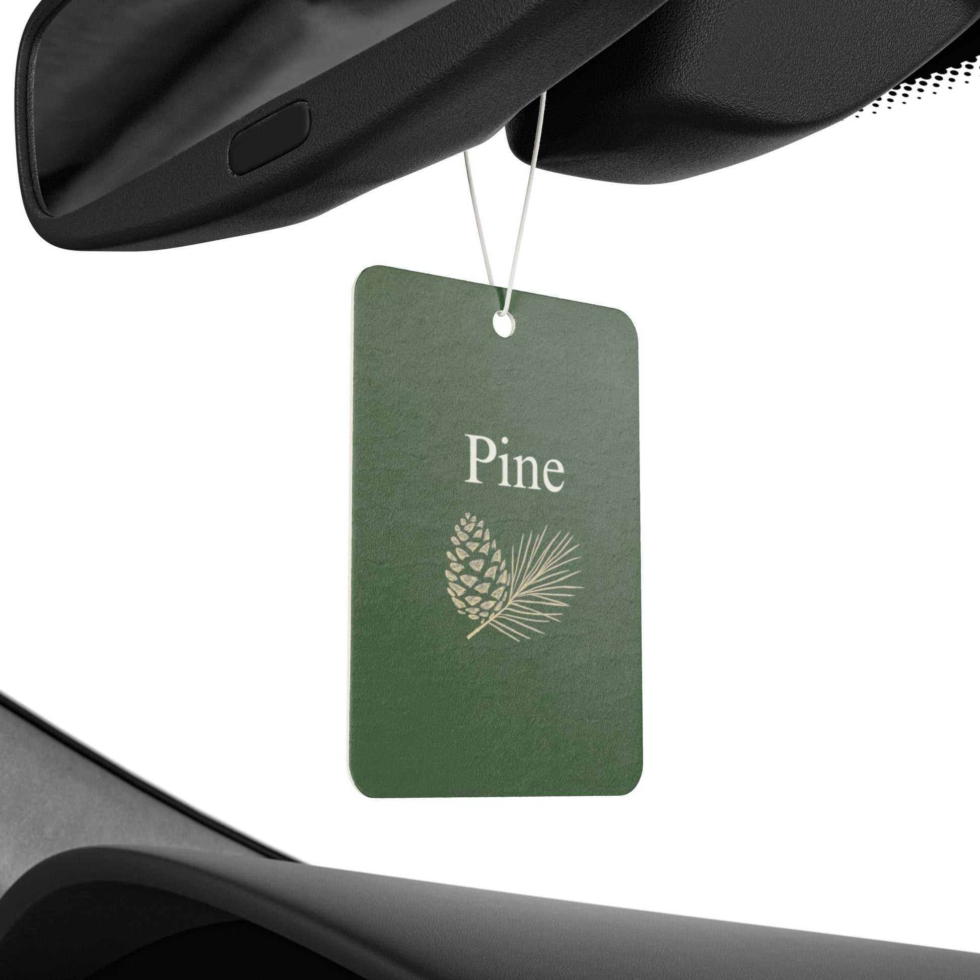 Green pinecone-shaped car air freshener with botanical scent and tag, designed as a decorative accessory for vehicles.
