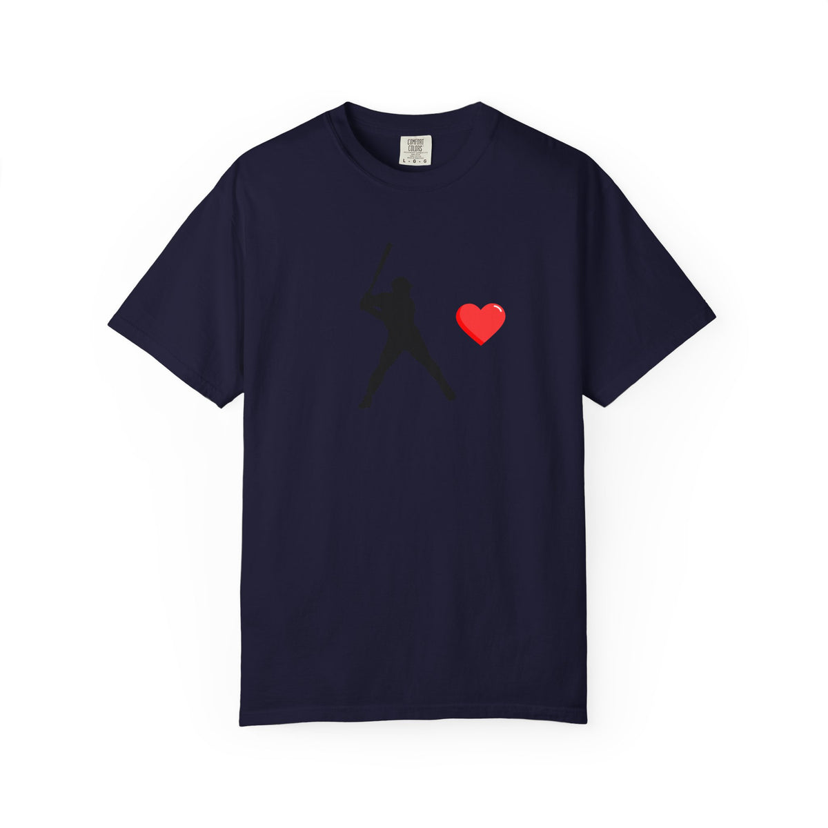 White baseball batter heart T-shirt by Printify featuring a graphic of a batter swinging a bat on the front.