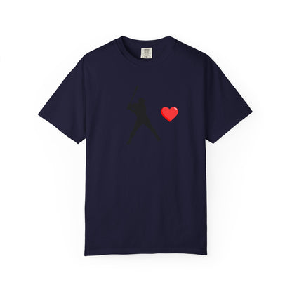 White baseball batter heart T-shirt by Printify featuring a graphic of a batter swinging a bat on the front.