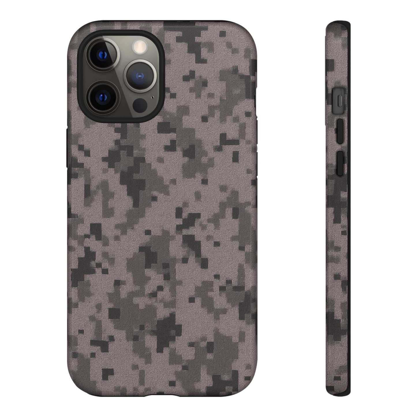 Gray digital camouflage phone case by Printify, tough protective cover for smartphones with a rugged camo design.