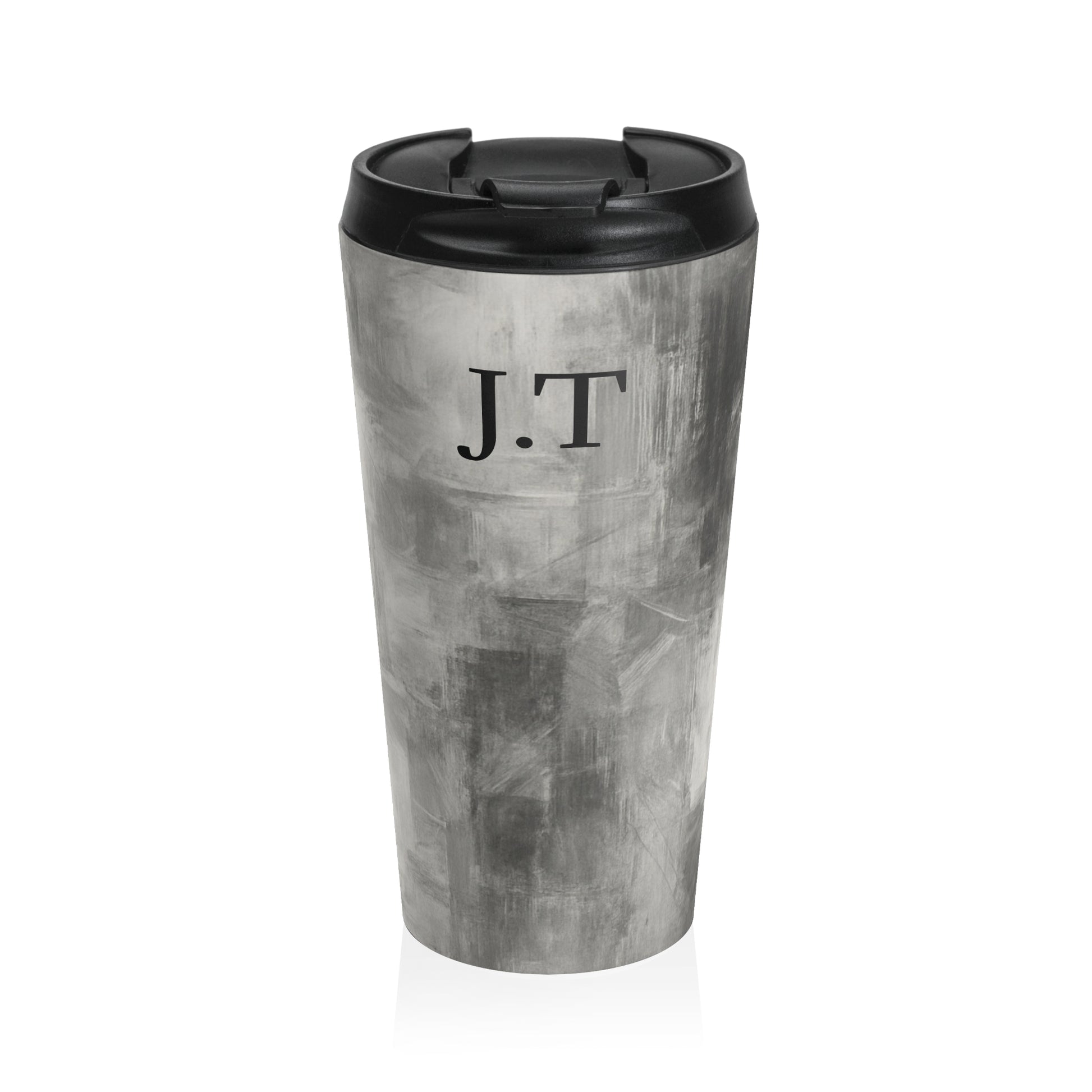Gray marble monogram initials personalized travel mug by Printify, stainless steel tumbler with custom initial design.