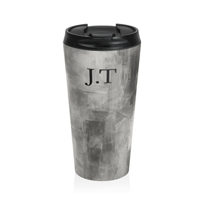 Gray marble monogram initials personalized travel mug by Printify, stainless steel tumbler with custom initial design.
