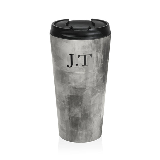 Gray marble monogram initials personalized travel mug by Printify, stainless steel tumbler with custom initial design.