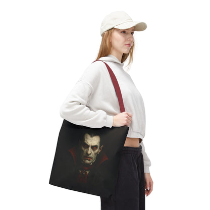 Vampire-themed tote bag with spooky gothic design, perfect as a Halloween accessory, by Printify.