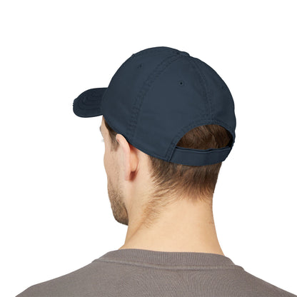 Distressed embroidered dad hat with Romanian flag patch, casual hat made by Printify featuring patriotic embroidery.