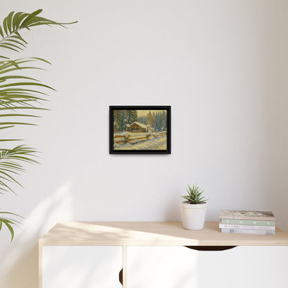 Snowy cabin winter landscape canvas wall art by Printify, featuring a cozy cabin surrounded by snow in a matte framed print.