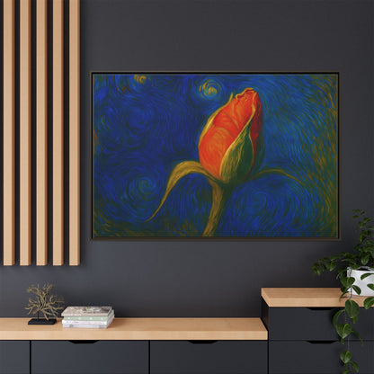 Red rose bud painting on framed canvas wall art by Printify, featuring vibrant red roses with matte finish for home decor.