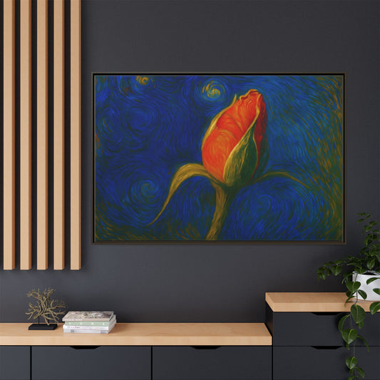 Red rose bud painting on framed canvas wall art by Printify, featuring vibrant red roses with matte finish for home decor.
