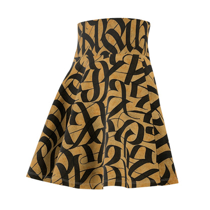 Gold and black calligraphy print skater skirt with boho festival style, featuring all-over print design by Printify.