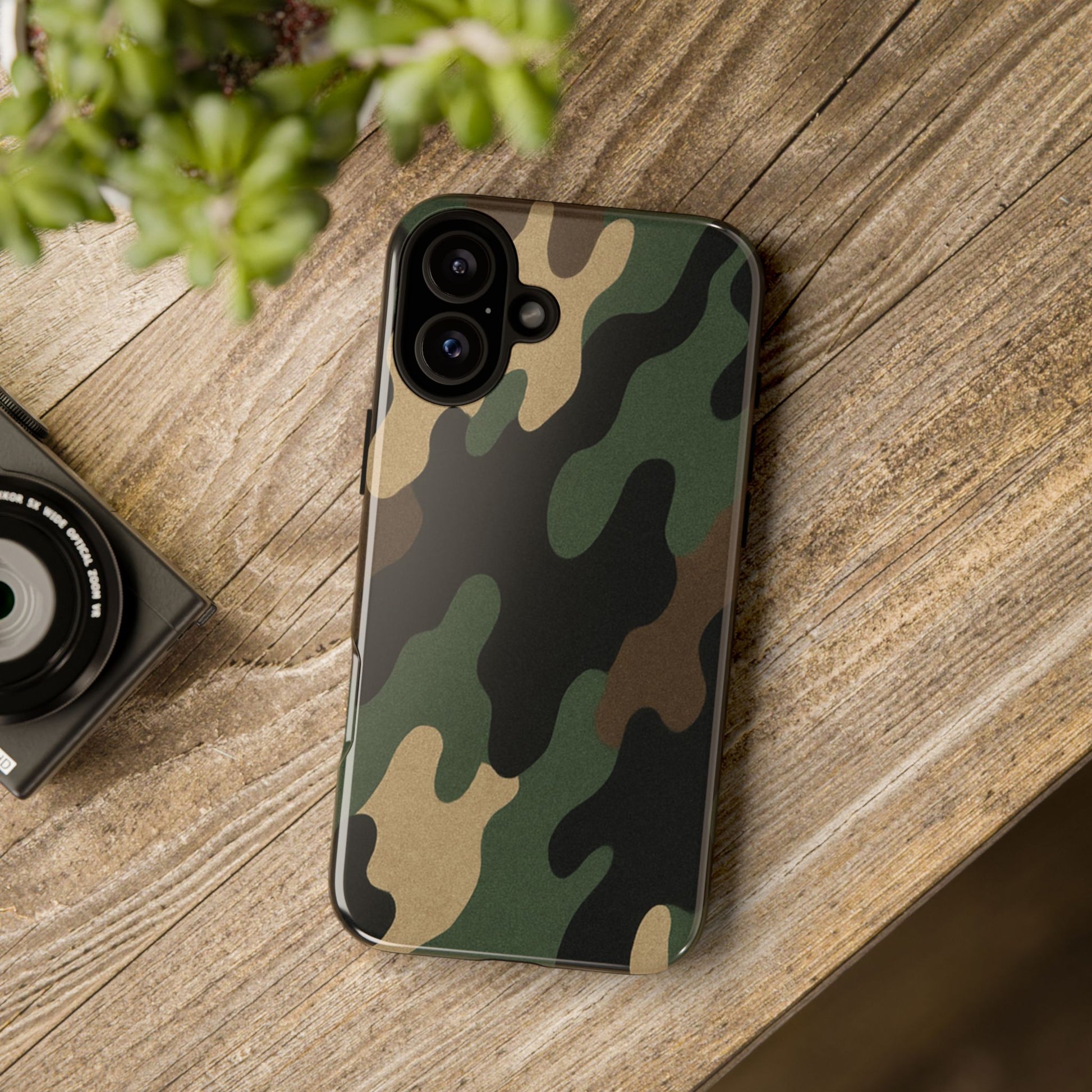 Military green camo tough phone case by Printify, rugged protective cover for smartphones with a durable design.