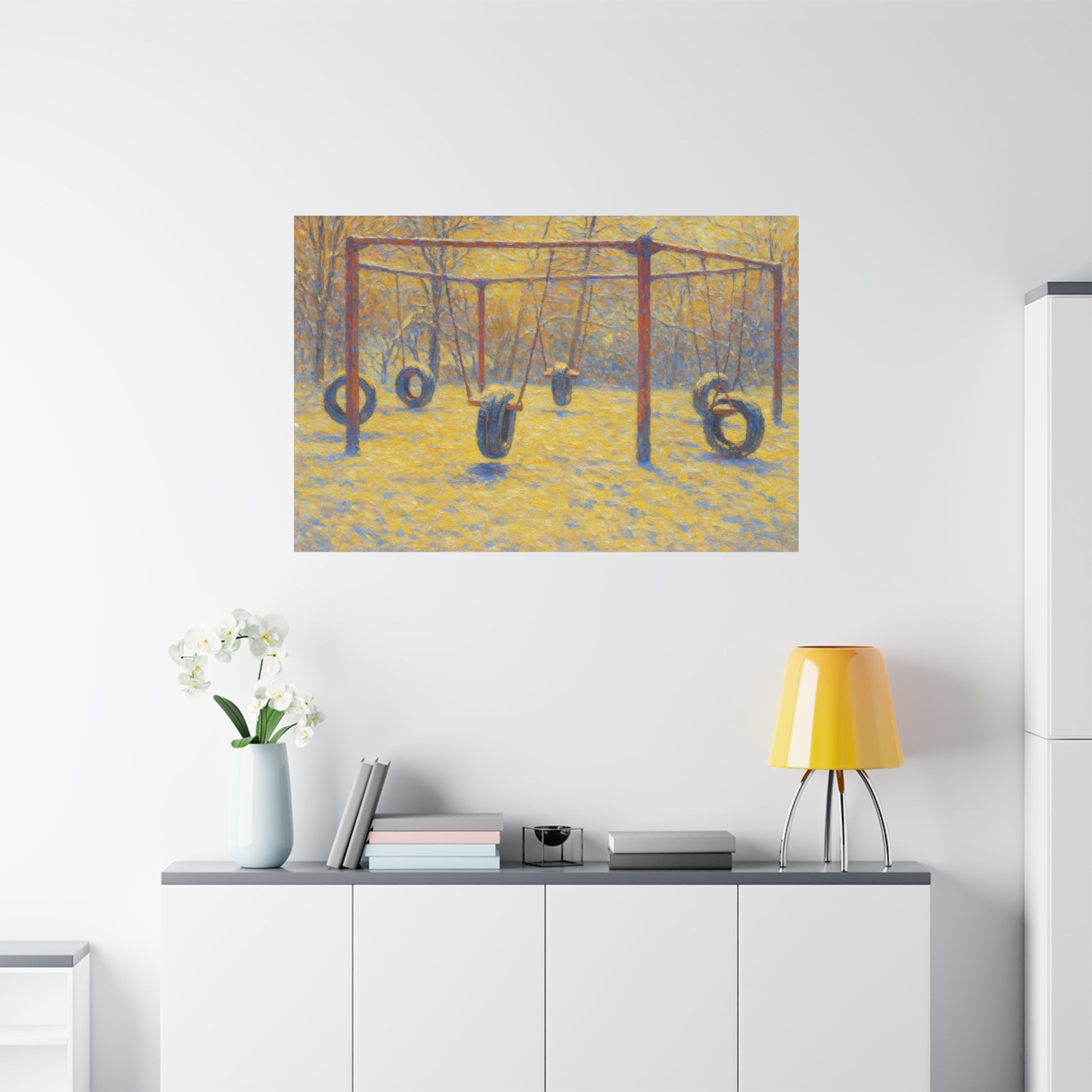 Matte stretched canvas wall art featuring a tire swing playground scene, perfect for playful and outdoor-themed decor.