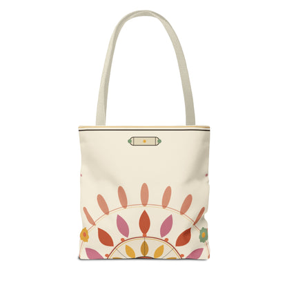 Boho floral mandala tote bag with pastel sunburst pattern by Printify, featuring vibrant floral and geometric design on canvas.