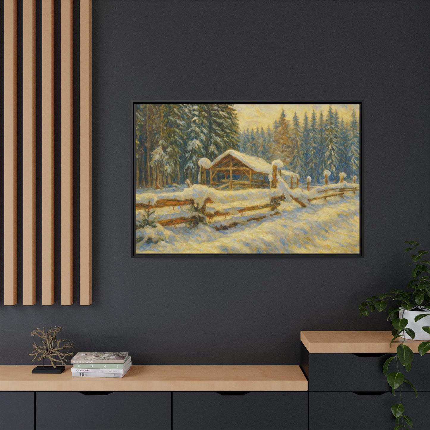 Snowy cabin winter landscape canvas wall art by Printify, featuring a cozy cabin scene in a snowy forest setting.